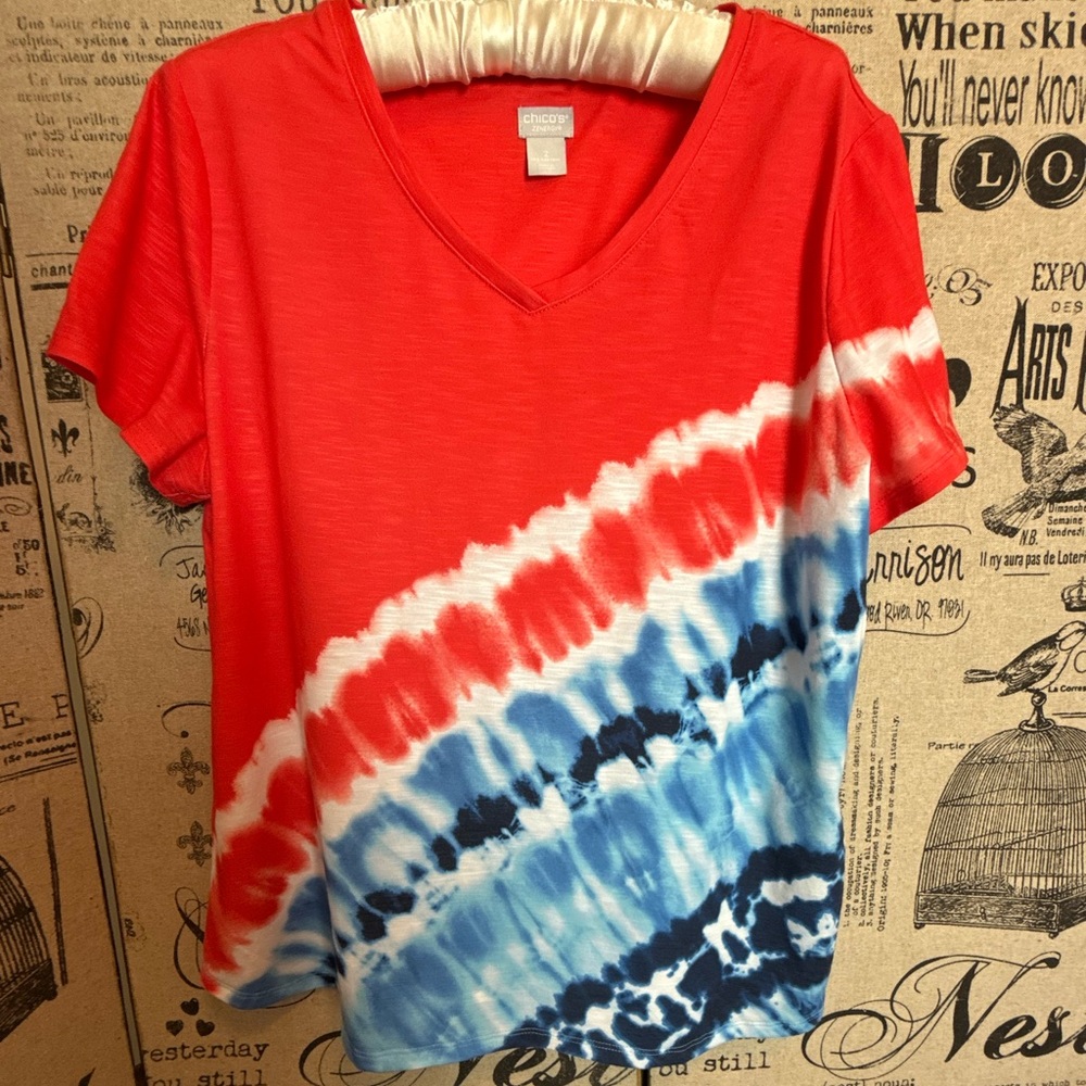 Chico's Red, White and Blue V-Neck Tie-Dye Tee